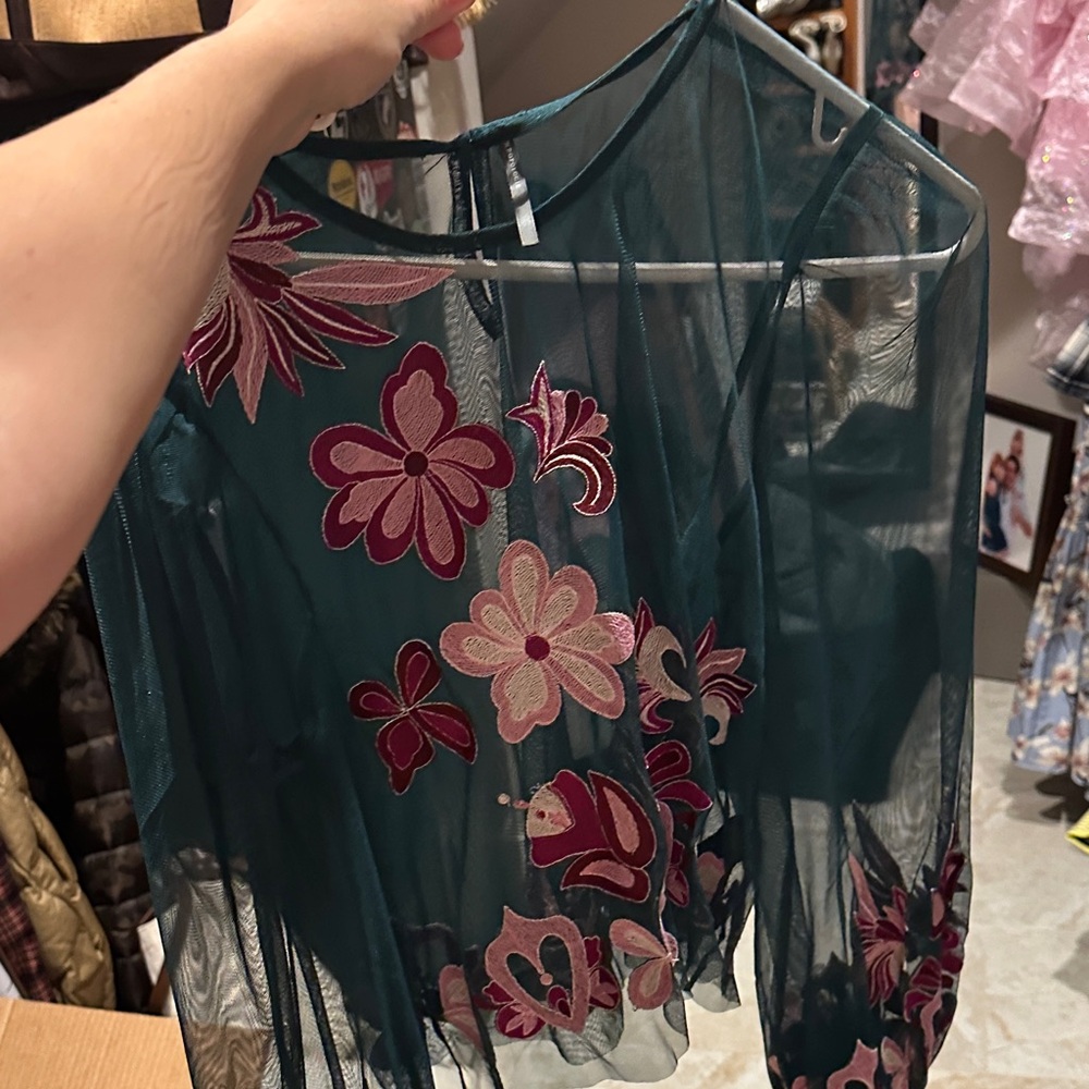 Anthropologie Teal and Pink Floral Sheer Blouse